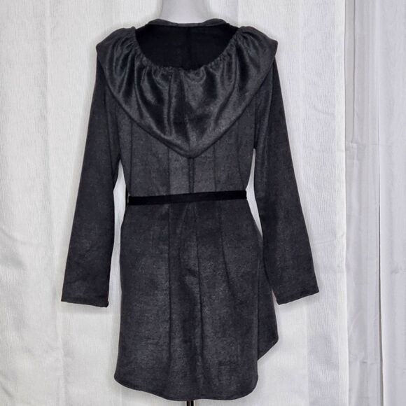 Samuel Dong Two Tone Gray Ruffle Button Front Belted Hooded Sweater Jacket Coat - Picture 6 of 13